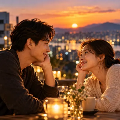 노을 지는 도시가 보이는 자리에서 마주 보고 웃는 두 사람