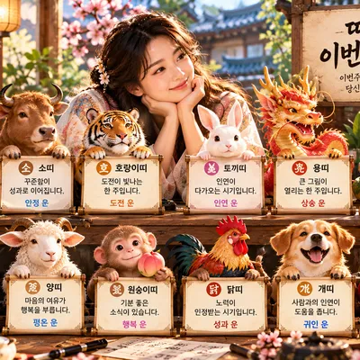 열두 띠 인형과 한 주 달력이 놓인 자리
